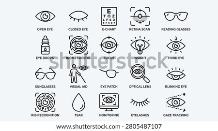 Collection of eye and vision related icons. Includes open eye, closed eye, e-chart, retina scan, and reading glasses