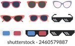 A collection of eyeglasses in different styles isolated on white background.