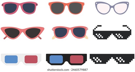 Una colección de gafas en diferentes estilos aislados sobre fondo blanco.