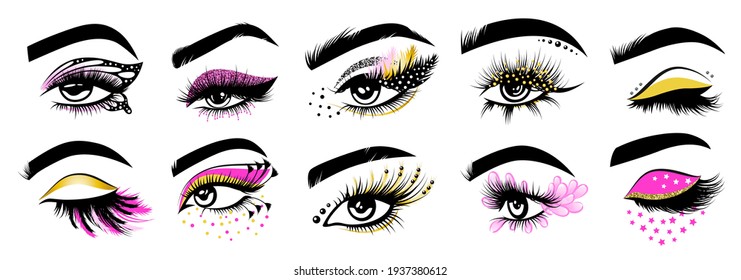 Collection of Eyelash extension logos, graphic element. Vector illustration of girl design lashes. Makeup master logo. For beauty salon, lash extensions maker, brow master. Female eye with long lashes