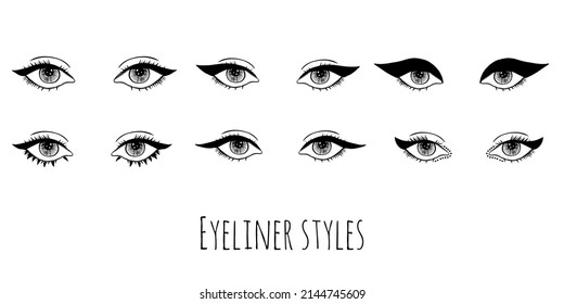 Collection of eyeliner styles. Beauty concept. Various application of eye make-up for everyday, festival of stage.