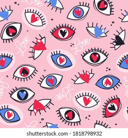 Collection of eyes with eyelashes, hearts, hand drawn backdrop. Colorful seamless pattern vector. Decorative wallpaper, good for printing. Overlapping background with organ of vision