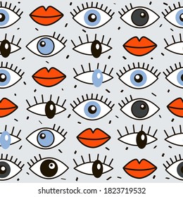 Collection of eyes with eyelashes, lips, hand drawn backdrop. Colorful seamless pattern vector. Decorative wallpaper, good for printing. Overlapping background with organ of vision