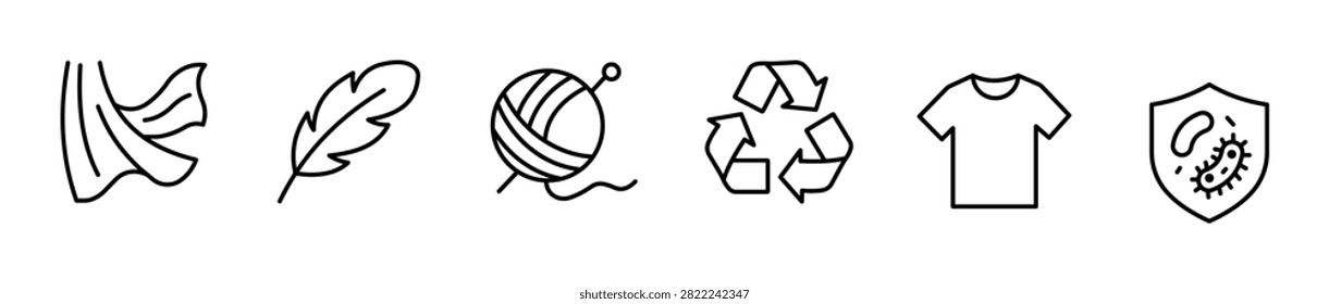 Collection of fabric and textile related vector line icons. Symbols for soft material, feather, yarn, recycling, clothing, and antibacterial protection.