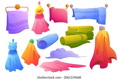 Collection of fabric towels hanging on dryer, lying, in stack and roll. Vector cartoon set of soft cloth towels and textile napkin for bathroom, kitchen and shower isolated on white background