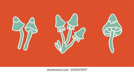 Collection of fabulous magic mushrooms. Set of vector mushrooms and fantastic toadstools isolated on red background. For the Internet, video games, designer prints.