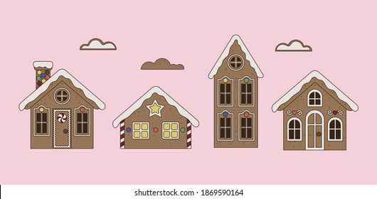 Collection of fabulous sweet Christmas houses. Gingerbread house, Christmas traditional cookie, element. Cartoon style, flat illustration. For websites, wallpapers, posters or banners