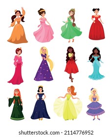 Collection of fabulous young princesses from different countries. Cartoon characters.