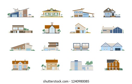 Sammlung von Fassaden verschiedener Wohnhäuser. Es besteht aus Villen, Herrenhäusern und Cottages mit moderner und klassischer Architektur. Paket von Vorort-Immobilien. Vektorillustration im Flachstil.