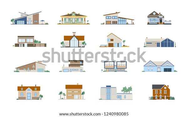 Collection Facades Different Residential Houses Set Stock Vector