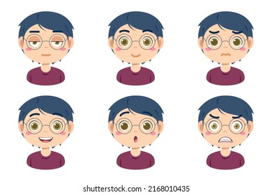 Collection of face expressions cute children cartoon character design. Different emotions boy Vector illustration. Face of smiling, crying, anger, surprise, indifferent isolated on white background.