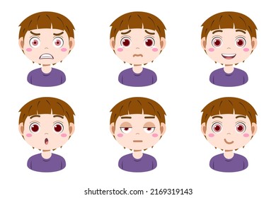Collection of face expressions cute children cartoon character design. Different emotions boy Vector illustration. Face of smiling, crying, anger, surprise, indifferent isolated on white background.