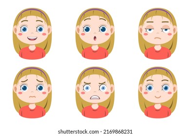 Collection of face expressions cute children cartoon character design. Different emotions girl Vector illustration. Face of smiling, crying, anger, surprise, indifferent isolated on white background.
