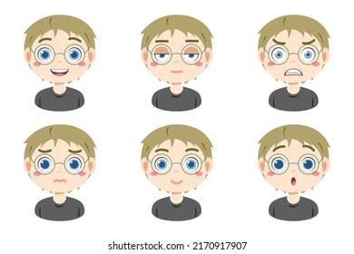 Collection of face expressions cute children cartoon character design. Different emotions boy Vector illustration. Face of smiling, crying, anger, surprise, indifferent isolated on white background.
