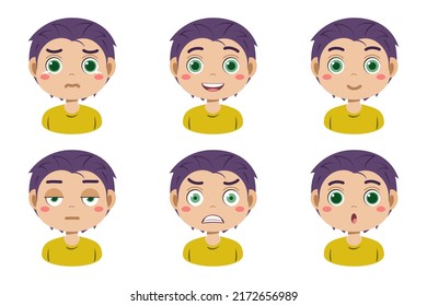 Collection of face expressions cute children cartoon character design. Different emotions boy Vector illustration. Face of smiling, crying, anger, surprise, indifferent isolated on white background.