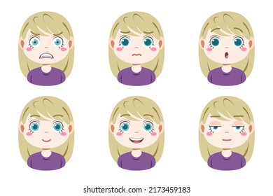 Collection of face expressions cute children cartoon character design. Different emotions girl Vector illustration. Face of smiling, crying, anger, surprise, indifferent isolated on white background.