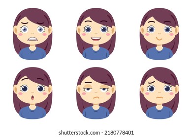 Collection of face expressions cute children cartoon character design. Different emotions girl Vector illustration. Face of smiling, crying, anger, surprise, indifferent isolated on white background.