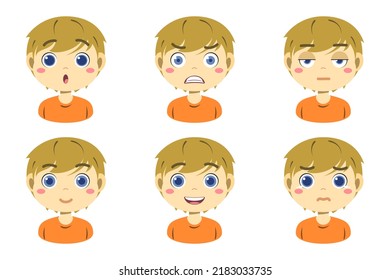 Collection of face expressions cute children cartoon character design. Different emotions boy Vector illustration. Face of smiling, crying, anger, surprise, indifferent isolated on white background.