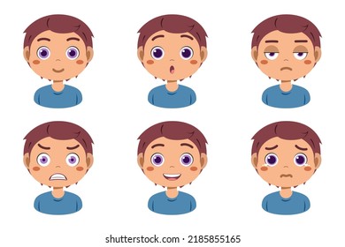 Collection of face expressions cute children cartoon character design. Different emotions boy Vector illustration. Face of smiling, crying, anger, surprise, indifferent isolated on white background.