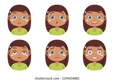 Collection of face expressions cute children cartoon character design. Different emotions girl Vector illustration. Face of smiling, crying, anger, surprise, indifferent isolated on white background.