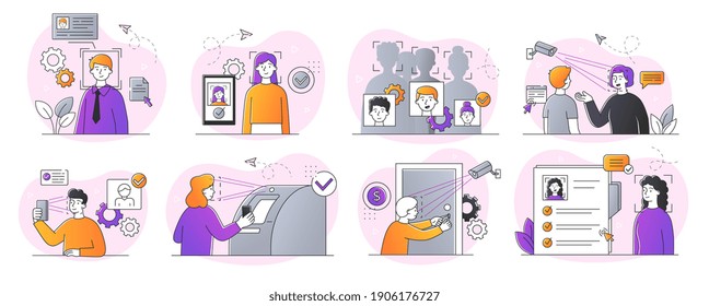 Collection of face recognition, verification and surveillance systems concepts. Set of outline minimal style flat cartoon vector illustrations with fictional characters isolated on white background