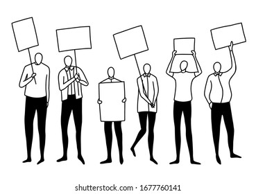 Collection of faceless people with blank signs and poster. Rally, protest, advertising, fans concept. Hand drawn vector illustration in minimalistic flat style Contour black elements isolated on white