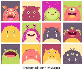 Collection of faces avatars with cute monsters. Vector icons set in flat style. EPS8 