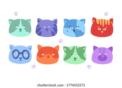 
Colección de caras de diferentes lindos gatos. Dibujo de mano estilo caricatura. Ilustración vectorial en un fondo blanco.