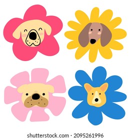 Collection of faces of funny dogs. Shape of flowers. Hand drawn icon illustrations on white background.   