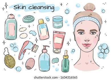 A collection of facial cleansers. Colored objects isolated on white background.