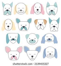 Collection of facial expressions of different breeds of dogs. Cute baby style, suitable for newborn