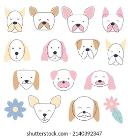 Collection of facial expressions of different breeds of dogs. Cute baby style, suitable for newborn