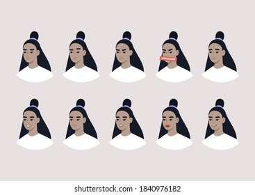 A collection of facial expressions, a young Asian female character emotion set