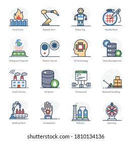 Collection of Factory Automation Icons in Modern Flat Style 