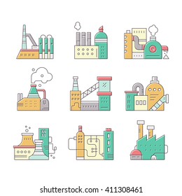 Collection of factory buildings made in vector. Industrial buildings for town map. 
