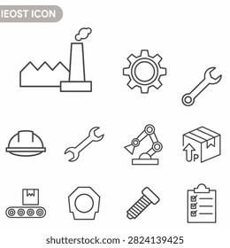 Collection of factory gear tool and robot icons in outline design
