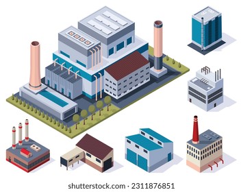 Collection of factory isometric. Architecture of manufactures building. Concept of industrial working plants with chimney tower or pipes. 3d isolated icons set