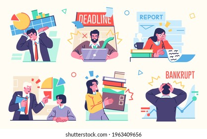 Collection of failure, mistakes, bankruptcy concept illustrations. Scenes with stressed business people, making wrong decisions, losing profits. Vector illustration