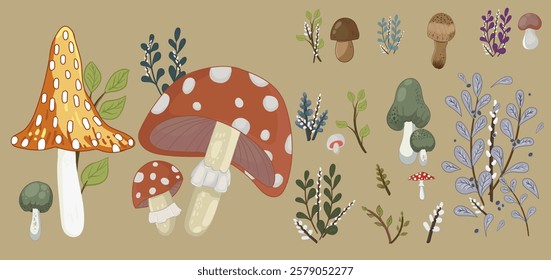 Collection of fairy magic fantasy mushrooms with grass and twigs in magic forest. Set of vector fungi and fantastic toadstools isolated on white background.