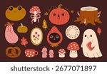 Collection of fairy tale bizarre characters and elements for cozy autumn. Vintage cottagecore thanksgiving and halloween clip art. Funny toad, pumpkins, mushrooms. Vector design