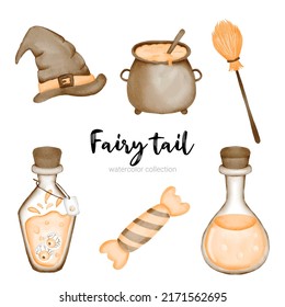 A collection of fairy tale characters, mythological objects element for books, stories and printed artwork.