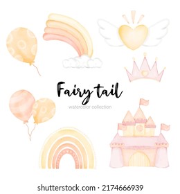 A collection of fairy tale characters, mythological objects element for books, stories and printed artwork.