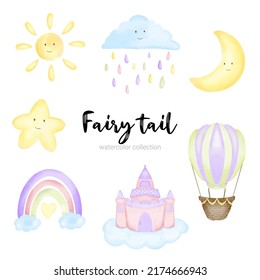 A collection of fairy tale characters, mythological objects element for books, stories and printed artwork.