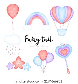 A collection of fairy tale characters, mythological objects element for books, stories and printed artwork.