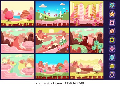 Collection of fairy tale landscapes, sweet candy landscape, details for computers game interface vector Illustrations