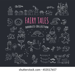 Collection of fairy tales hand drawn doodles, illustrations