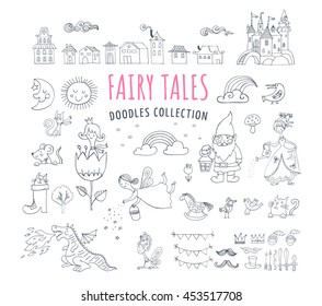 Collection of fairy tales hand drawn doodles, illustrations