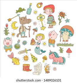 Collection of fairytale characters Doodle. Cartoon images of different fairy tales. Magic heroes of children's books. Hand-drawn. Vector set for drawing up illustrations, stickers
