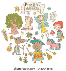 Collection of fairytale characters Doodle. Cartoon images of different fairy tales. Magic heroes of children's books. Hand-drawn. Vector set for drawing up illustrations, stickers