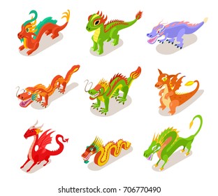 Collection of fairytale Chinese dragons icons for children books or games vector illustration isometric style